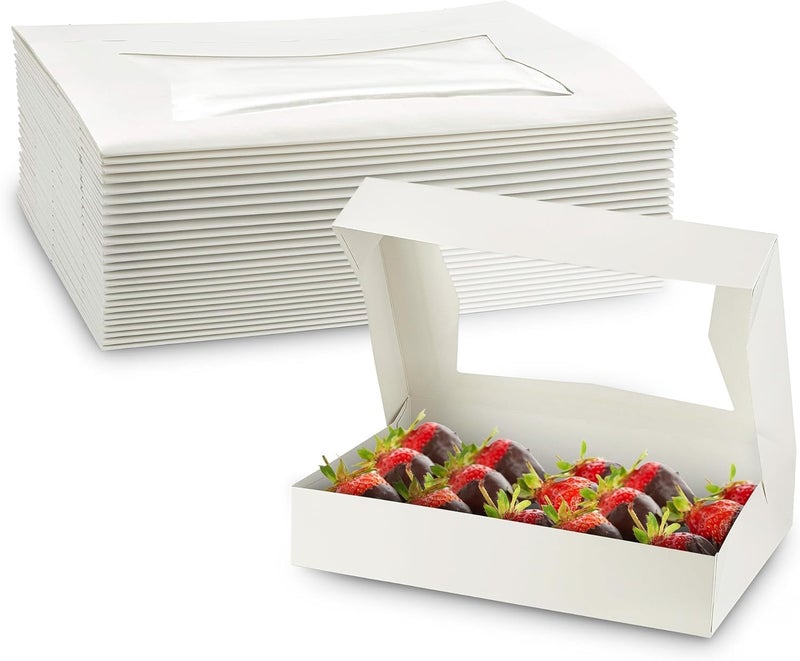 MT Products White Chocolate Covered Strawberry Boxes - 12" x 8" x 2.25" (Pack of 25) Auto Pop-Up Bakery Boxes with Window - Made in USA - Image 1