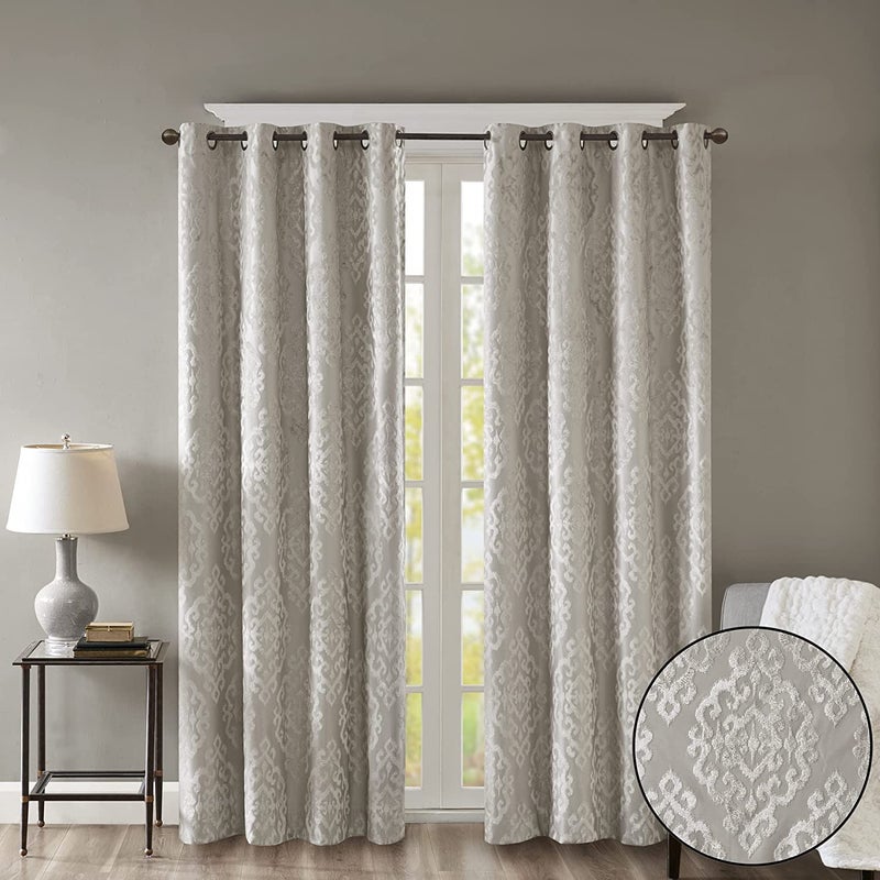 Sun Smart Mirage 100 Total Blackout Single Window Curtain Knitted Jacquard Damask Room Darkening Curtain Panel with Grommet Top 50 x 108 in Silver