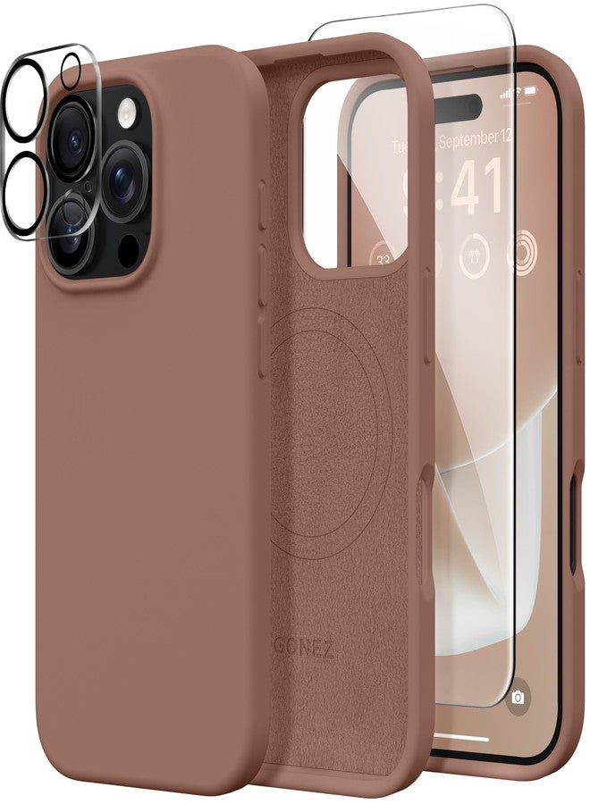 غونيز جراب GONEZ المغناطيسي لهاتف iPhone 16 Pro، متوافق مع MagSafe، [واقي شاشة + واقي عدسة الكاميرا]، جراب هاتف سيليكون مقاوم للصدمات ومضاد للخدش 6.3 بوصة، بني - Image 1