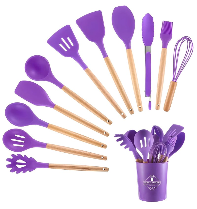 Whitecloud TRANSFORMING HOMES Whitecloud TRANSFORMING HOMES 12pcs Wooden Handle Silicone Cooking Spoon Set High Temperature Resistant Silicone Spatula Kitchen Utensils Purple  - Image 1