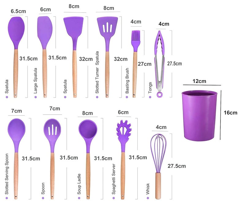 Whitecloud TRANSFORMING HOMES Whitecloud TRANSFORMING HOMES 12pcs Wooden Handle Silicone Cooking Spoon Set High Temperature Resistant Silicone Spatula Kitchen Utensils Purple  - Image 2