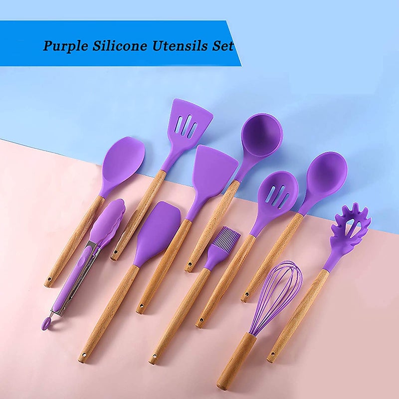 Whitecloud TRANSFORMING HOMES Whitecloud TRANSFORMING HOMES 12pcs Wooden Handle Silicone Cooking Spoon Set High Temperature Resistant Silicone Spatula Kitchen Utensils Purple  - Image 3
