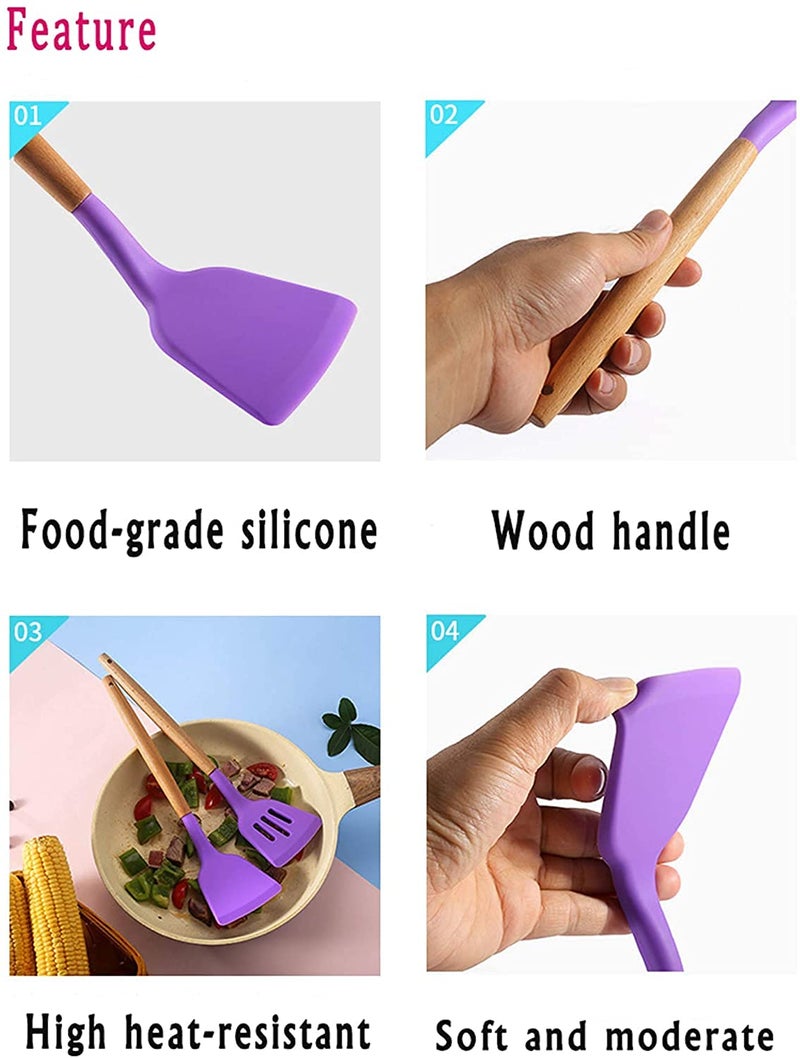 Whitecloud TRANSFORMING HOMES Whitecloud TRANSFORMING HOMES 12pcs Wooden Handle Silicone Cooking Spoon Set High Temperature Resistant Silicone Spatula Kitchen Utensils Purple  - Image 4