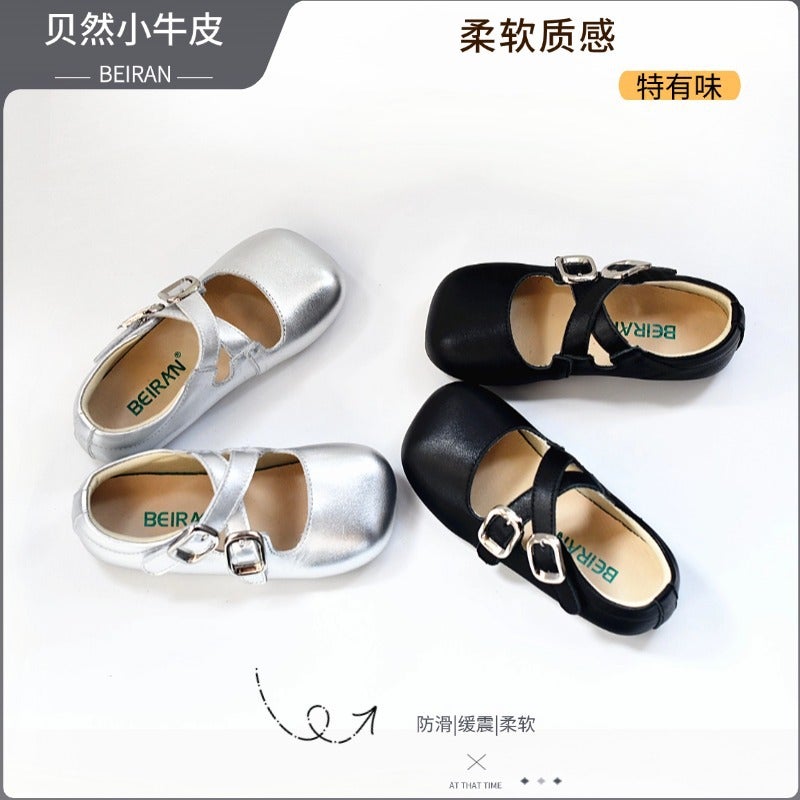 Children'S Cross Small Leather Shoes New Children'S Velcro Single Shoes Girls Soft Bottom Beanie Genuine Leather Silver Black - Image 3