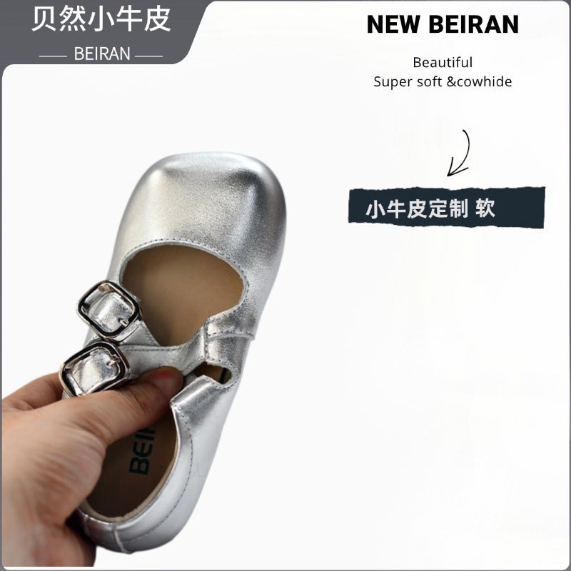 Children'S Cross Small Leather Shoes New Children'S Velcro Single Shoes Girls Soft Bottom Beanie Genuine Leather Silver Black - Image 5