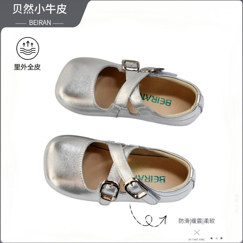 Children'S Cross Small Leather Shoes New Children'S Velcro Single Shoes Girls Soft Bottom Beanie Genuine Leather Silver Black - Image 2