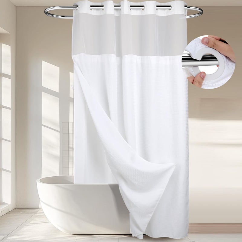 Heavyweight No Hooks Required Dotted Waffle Weave Shower Curtain with Snap in Liner Extra Long 71W x 86HHotel GradeSpa Like Bath CurtainWhite