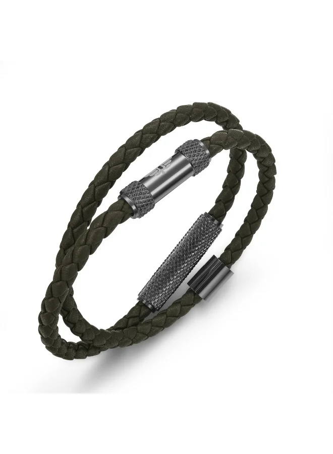 بوليس Urban Texture Light Grey & Green Leather Wrap Bracelet Large