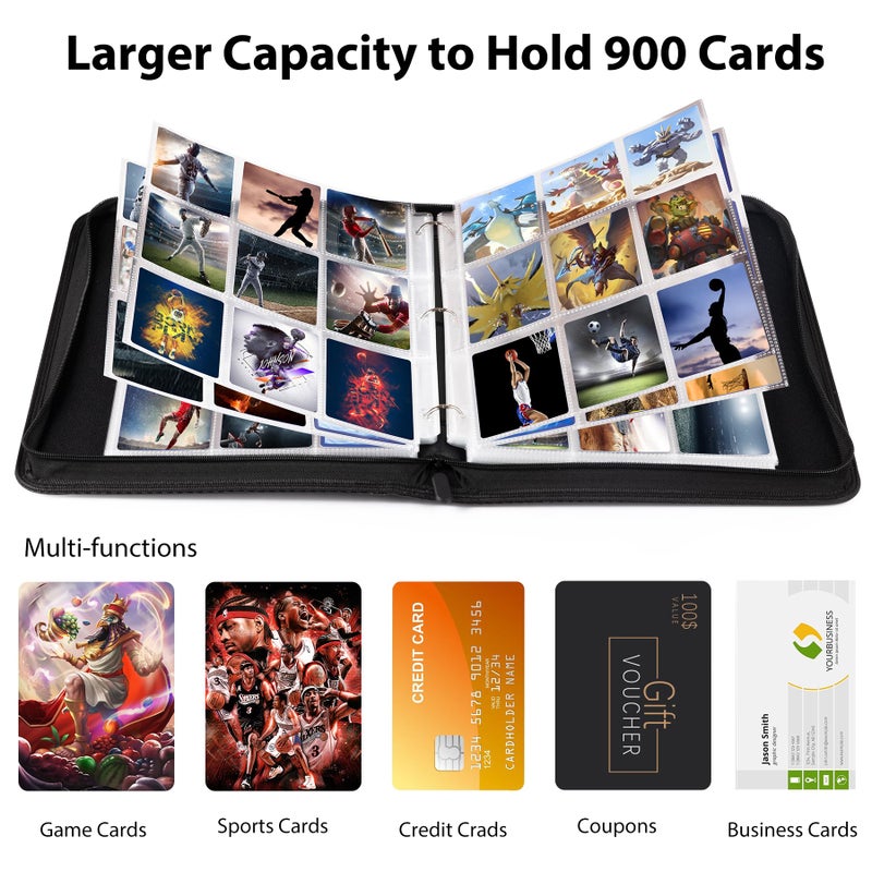 WOT I Trading Card Binder, 900 Pockets Sleeves with Zipper, Double Sided Pockets Card Holder Carry Case for Baseball Card, Football Card - Image 3