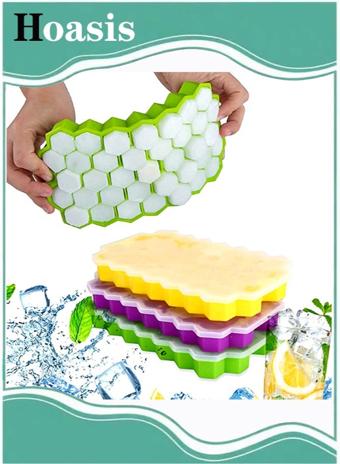 Hoasis Honeycomb Reusable Ice Cubes Tray, Bundle (Pack of 3 - Yellow, Green and Purple), Silicone Small Ice Cube Tray With Cover, Ice Ball Mold for Ice Making  - Image 1