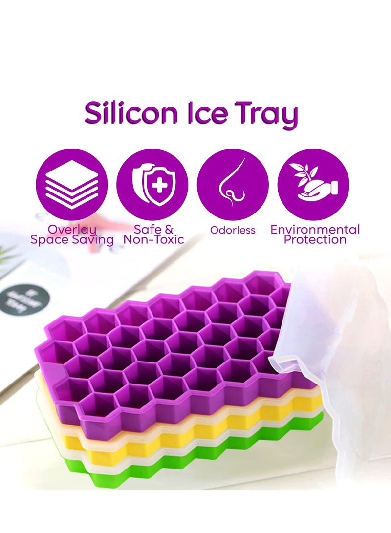 Hoasis Honeycomb Reusable Ice Cubes Tray, Bundle (Pack of 3 - Yellow, Green and Purple), Silicone Small Ice Cube Tray With Cover, Ice Ball Mold for Ice Making  - Image 3