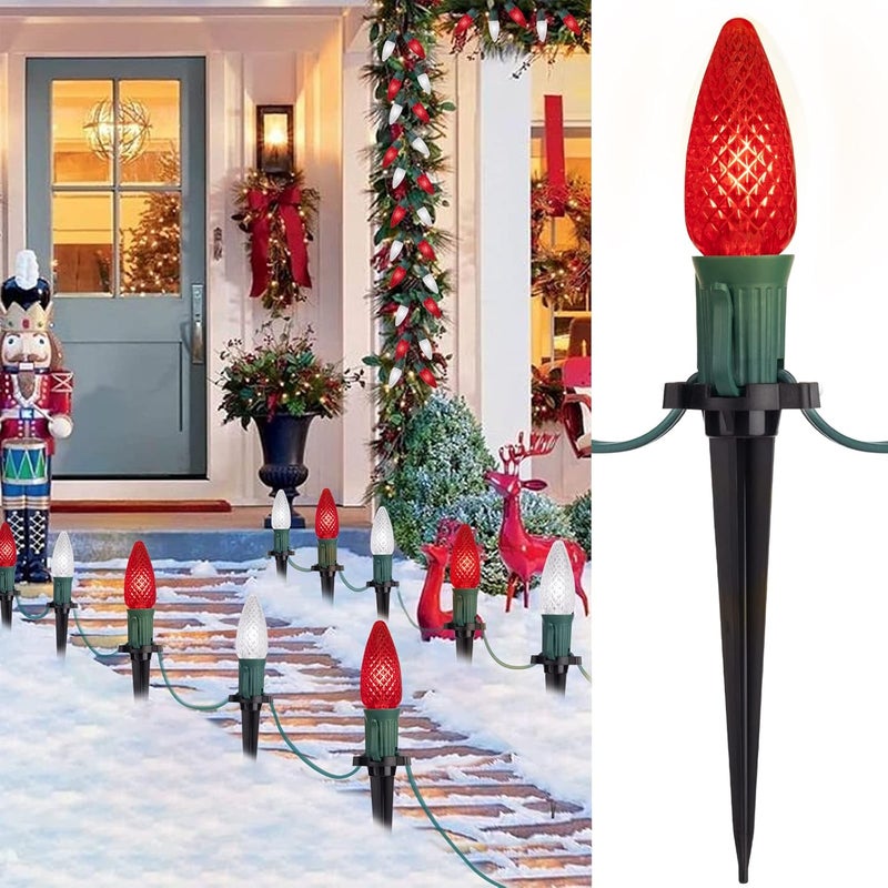 Brightown C9 LED Christmas Lights Outdoor with Stakes 257 Feet 20 LED C9 Strawberry String Lights Connectable Shatterproof Pathway Lights Marker for Path Lane Patio Xmas Holiday Decorations Red and White  - Image 1