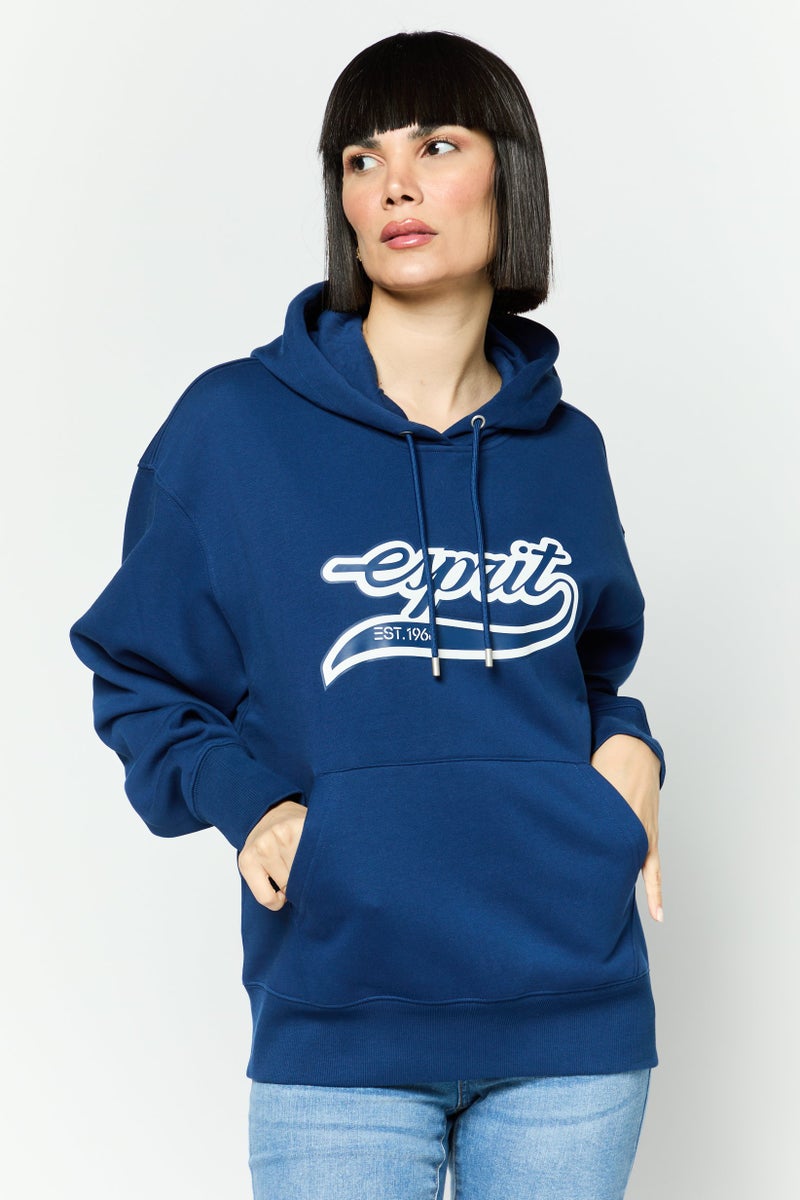 ESPRIT سويت شيرت بغطاء رأس للنساء بشعار العلامة التجارية بأكمام طويلة، أزرق داكن - Image 1