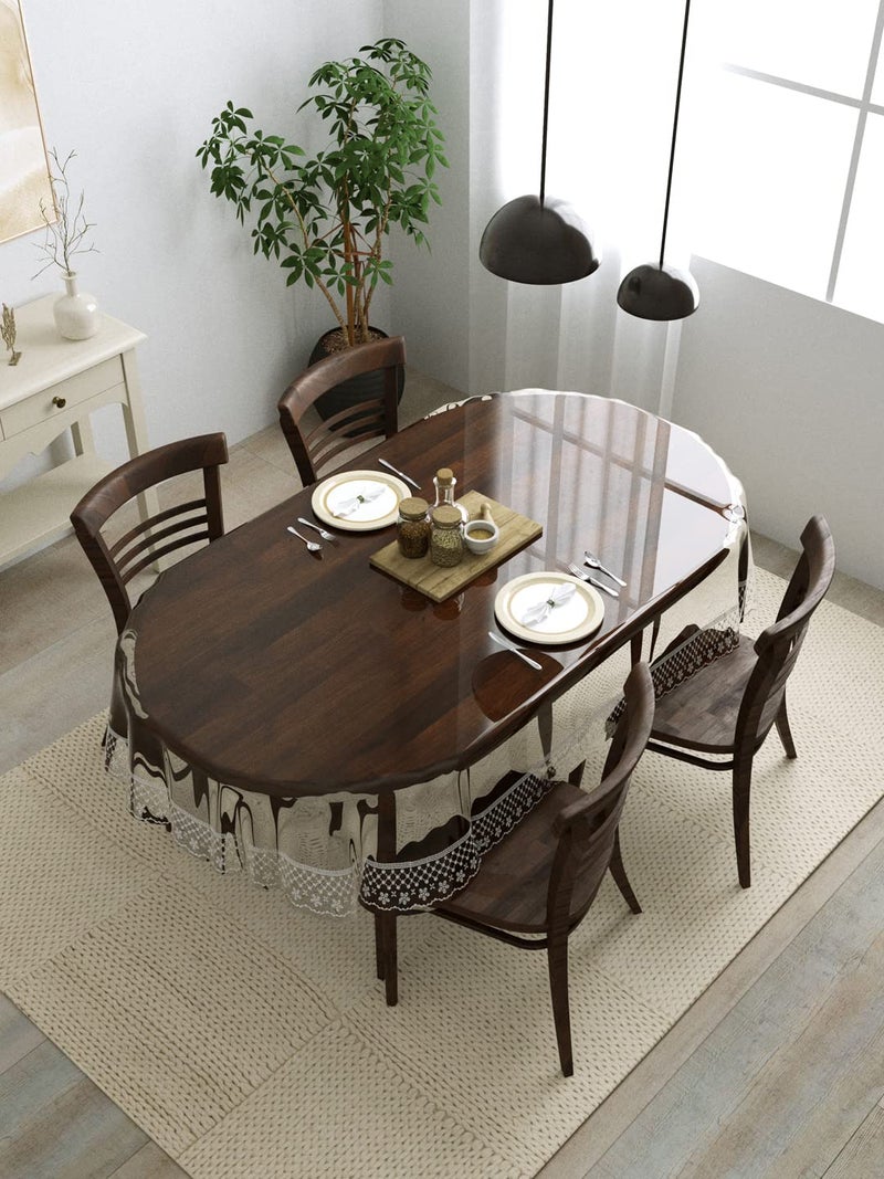 Clasiko Polyvinyl Chloride 4 Seater Oval Dining Table Cover; 54X78 Inches Or 137X198 Cms; Material - Pvc; Anti Slip; Silver Tipping Lace - Image 1