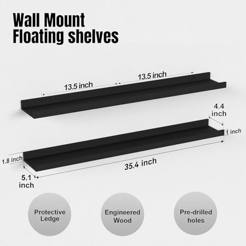 carpentray 35 Inches Long Floating Shelves Wall Mounted, 2 Set Modern Black Wall Shelf for Bedroom, Nursery Book Shelf with Lip, Picture Ledge for Wall Decor Living Room (Black, 35 Inch Long) - Image 3