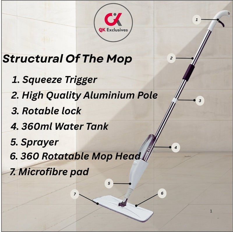 حصريات كيو كيه QK Exclusives ممسحة أرضيات برذاذ ماء – ممسحة مسطحة قابلة للدوران 360° – استخدام جاف ورطب للأرضيات الخشبية – خزان مياه كبير360 مل – تشغيل بيد واحدة – وسادة مايكروفايبر – تنظيف بضباب ناعم بدون غبار – أبيض - Image 2