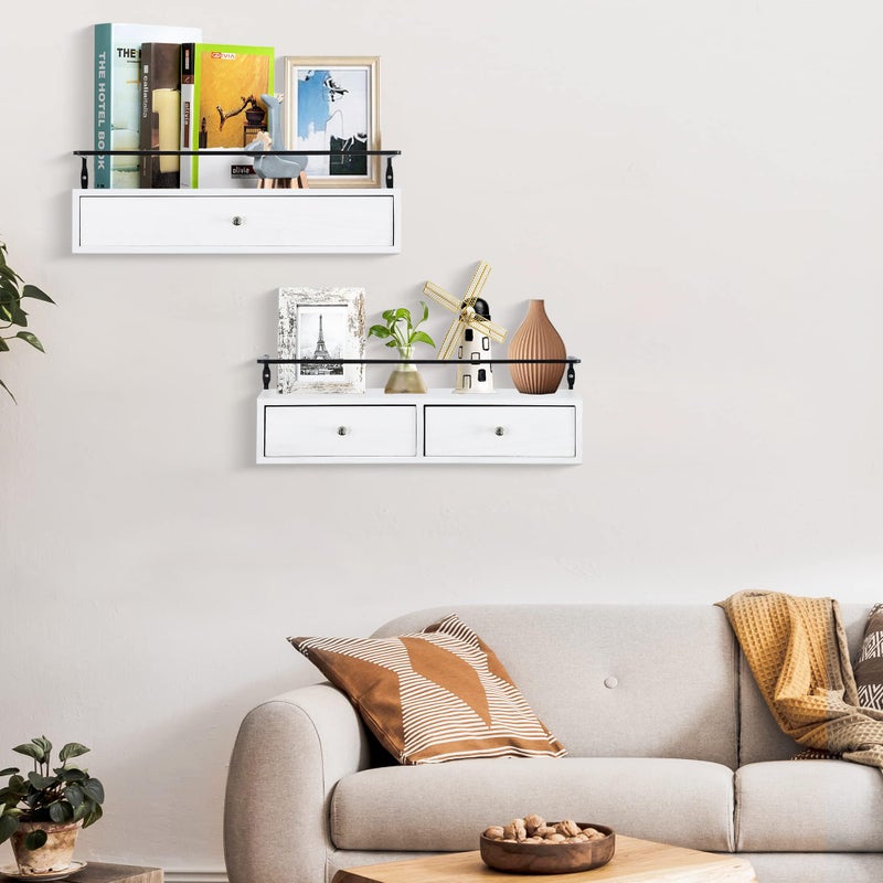 DreamPossible Floating Shelves for Wall Storage - Wall Mounted Bathroom Shelf Set of 2 with Drawers, Rustic Wood Shelves for Bedroom, Living Room, Kitchen, Home Decor, Plants, Books - Image 2