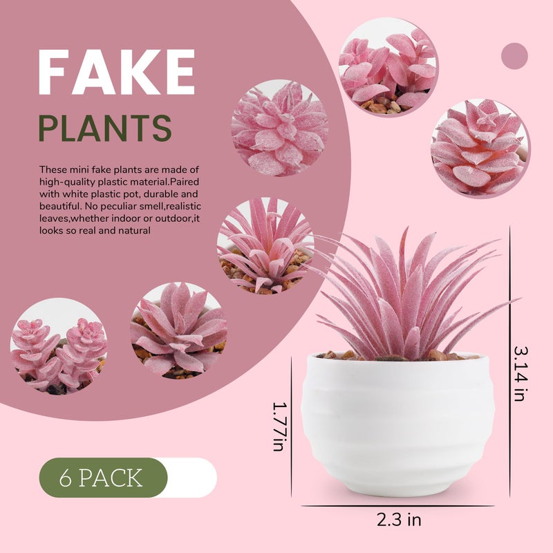 Der Rose Set of 6 Pink Succulents Plants Artificial in Pots Small Fake Plants for Girls Pink Room Decor Office Desk Accessories for Women - Image 3