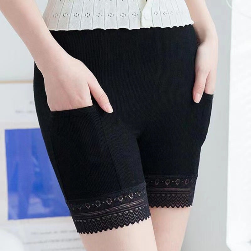 Pocket Safety Pants Womens Summer Anti-running Thin Modal Cotton Large Size Boxer Briefs Three-point Lace Base Shorts Black 017 - Image 1