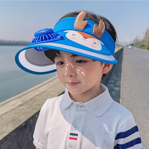 GREUS Kids Visor, Sun Visor Hat with USB Charging Fan, Cute Cartoon Design, Wide Brim Empty Top Sunhat for Boys Girls Outdoor - Image 2