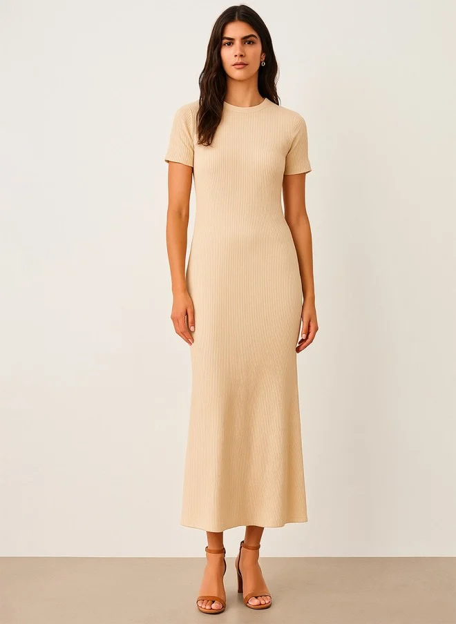 SASSAFRAS Beige Ribbed Midi Dress for Women