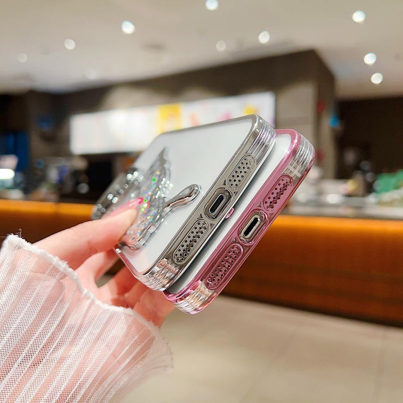 Mobistyle Silicone Designed For iPhone 13 Cover With Glitter Cute Butterfly Electroplate Plating Design Back Cover Case For Women Teen Girls (Silver) - Image 4