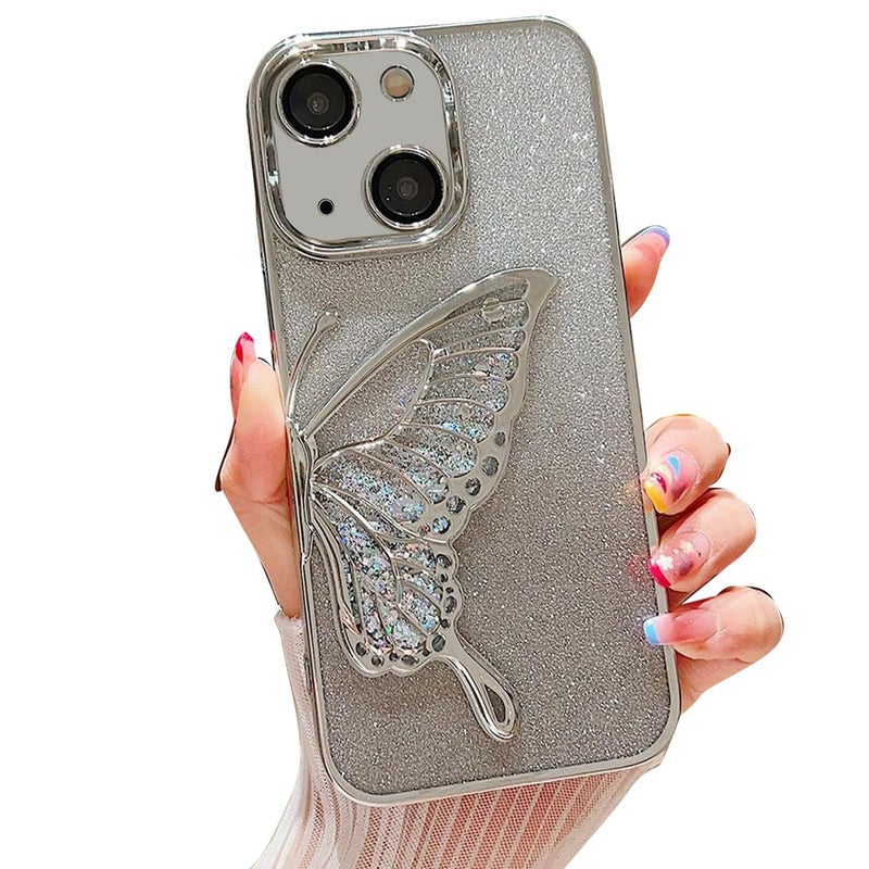 Mobistyle Silicone Designed For iPhone 13 Cover With Glitter Cute Butterfly Electroplate Plating Design Back Cover Case For Women Teen Girls (Silver) - Image 1