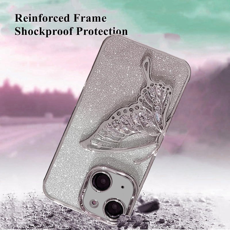 Mobistyle Silicone Designed For iPhone 13 Cover With Glitter Cute Butterfly Electroplate Plating Design Back Cover Case For Women Teen Girls (Silver) - Image 3