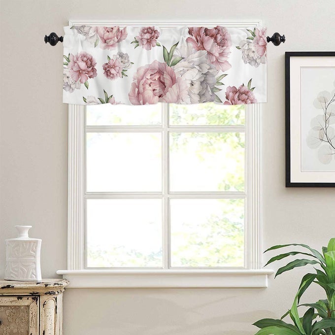 WATERCOLOR VINTAGE PINK FLORAL CURTAIN VALANCE FOR WINDOWSLIVING ROOMKITCHENBATHROOM FARMHOUSE PINK FLOWER WHITE SHORT ROD POCKET TIER CURTAIN WINDOW TREATMENT 1 PANEL 54X18