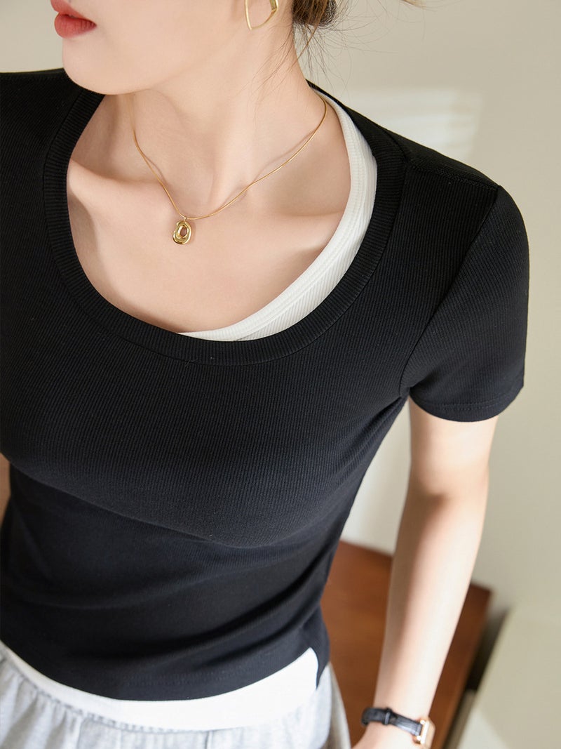 [Select Good Materials] Spliced Contrasting Fake Two-Piece T-Shirt Women'S Short-Sleeved 2025 Slim Fit Bottoming Shirt - Image 3