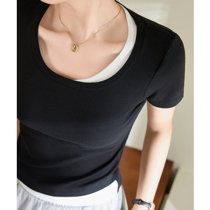 [Select Good Materials] Spliced Contrasting Fake Two-Piece T-Shirt Women'S Short-Sleeved 2025 Slim Fit Bottoming Shirt - Image 1