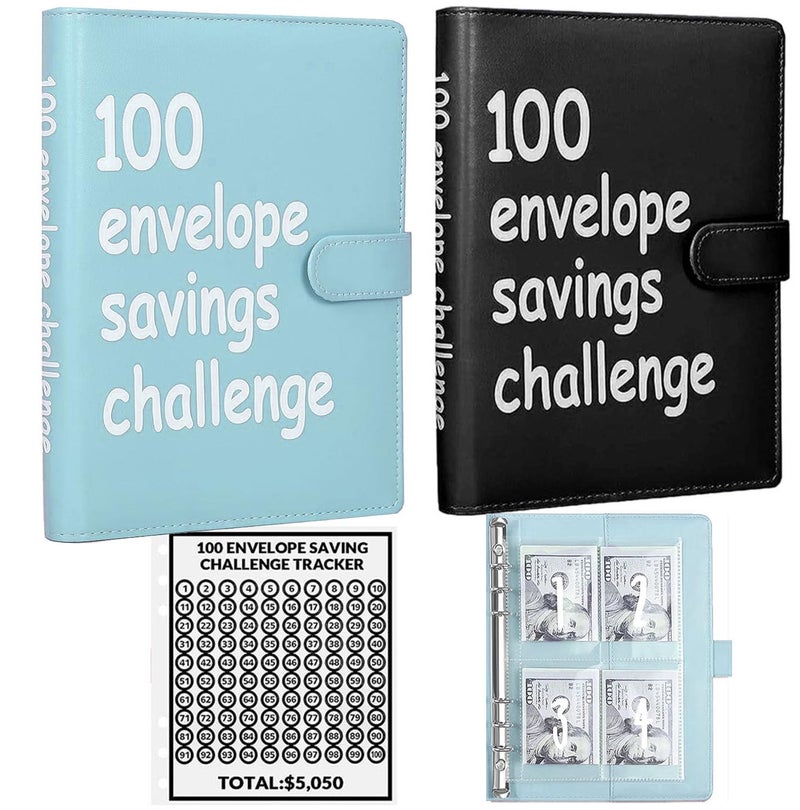 UOCLERY 2PCS 100 Envelopes Money Saving Challenge, Envelopes Challenge Binder, Achieving Financial Goals with a Budget Binder and Cash Envelopes, Successfully Reach Your Savings Goals of $5,050 (Blue+Black) - Image 1