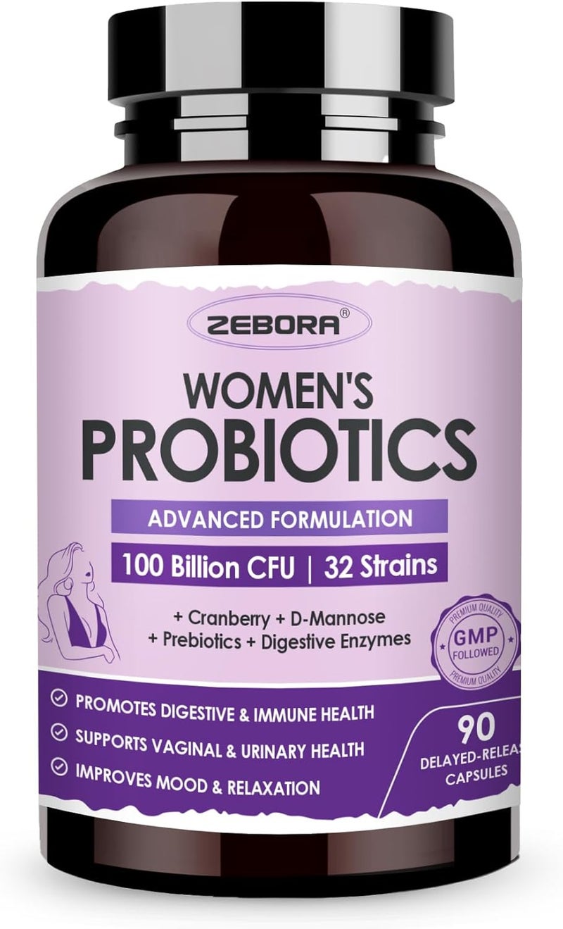 ZEBORA Probiotics for Women Digestive Health with Enzymes  Prebiotics 100 Billion CFUs Vaginal Probiotics with D Mannose  Cranberry  Urinary Tract Health  Immune Support 90 Capsules - Image 1