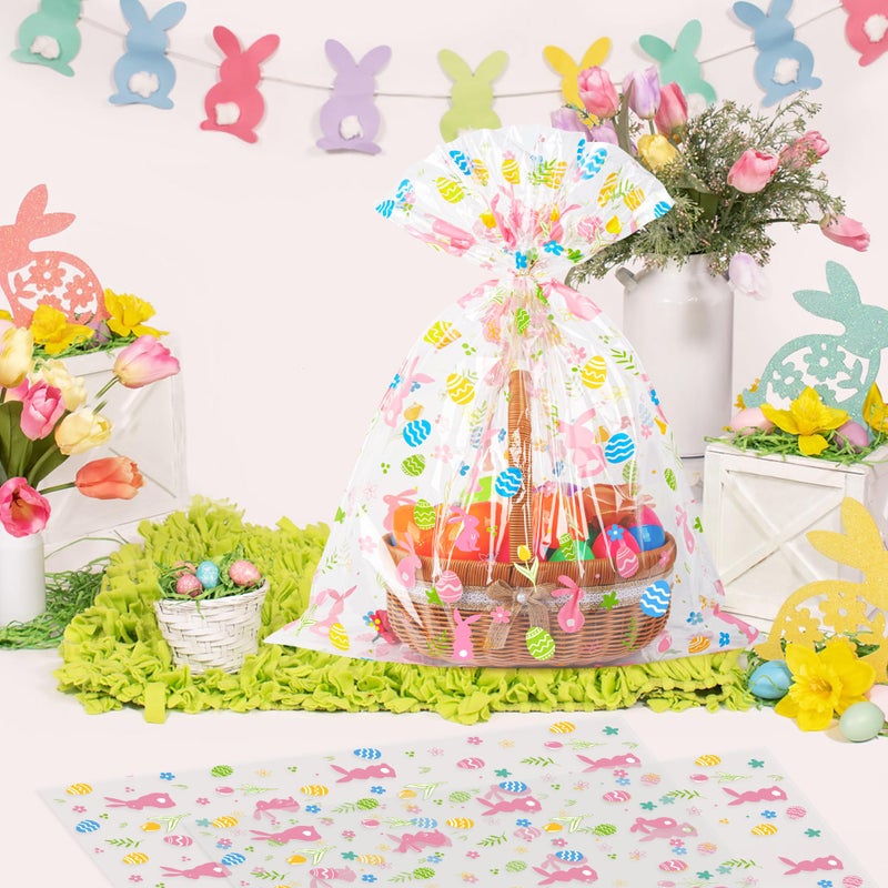 CUDICY Easter Bags 10pcs Large Cellophane Bags 24x30 Inch Cellophane Wrap for Gift Baskets Clear Plastic Wrapping(Spring) - Image 3