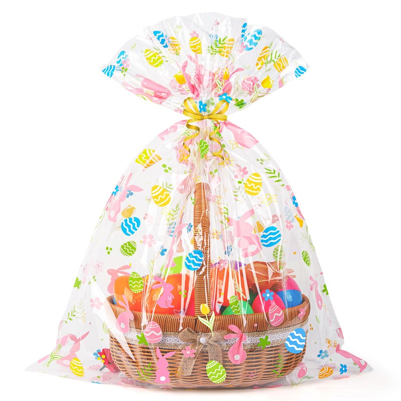 CUDICY Easter Bags 10pcs Large Cellophane Bags 24x30 Inch Cellophane Wrap for Gift Baskets Clear Plastic Wrapping(Spring) - Image 1