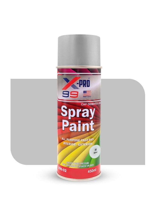 اكس برو 99 X-99 PRO Silver - طلاء رش (450 مل) - بلمسة نهائية شفافة ولامعة - سريع الجفاف - متعدد الأسطح - للاستخدام الداخلي والخارجي - Image 1