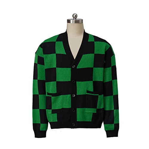 iSHOWcos Anime Cosplay Green Plaid Cardigan Sweater Knit Jacket Top-2XL3XL - Image 3