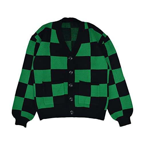 iSHOWcos Anime Cosplay Green Plaid Cardigan Sweater Knit Jacket Top-2XL3XL - Image 1