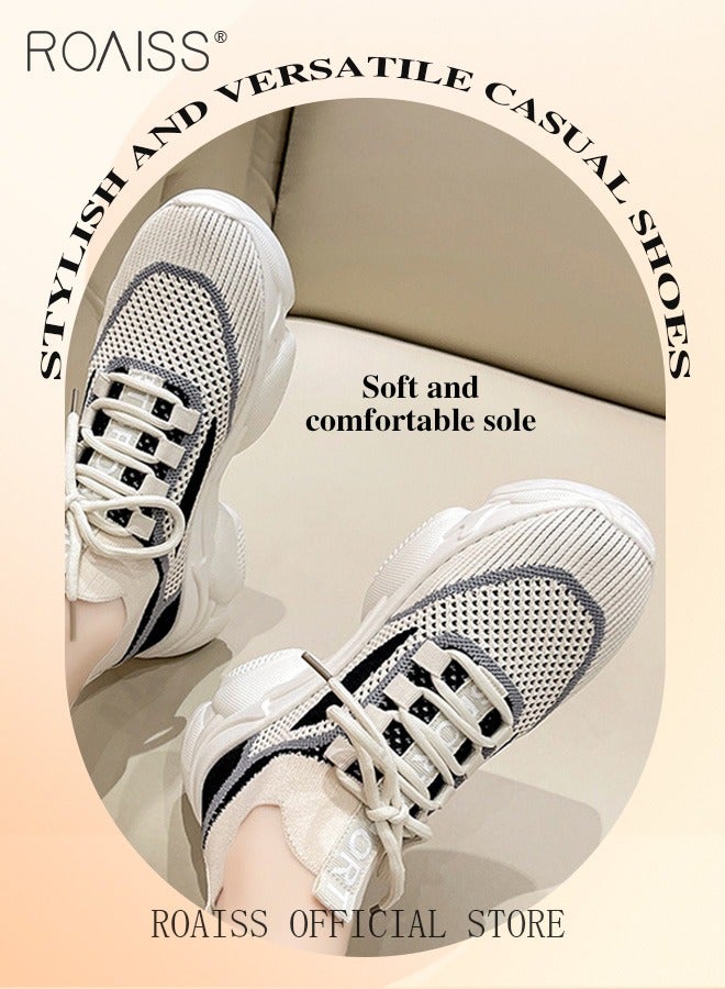 رويس أحذية أنيقة سميكة للنساء، أحذية رياضية منخفضة الرقبة للسيدات، أحذية رياضية خفيفة الوزن ومسامية مع جزء علوي شبكي ونعل سميك مانع للانزلاق، مناسبة للارتداء اليومي والأنشطة الخارجية - Image 2