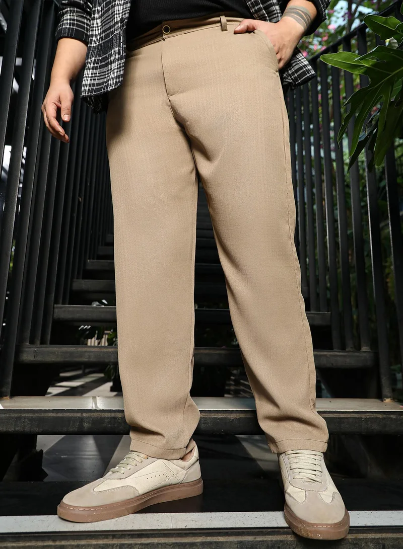 Men Tailored-ChinoTrousers | Mid-Rise, Drawstring-Waist Waist | Button Closure, Straight Hem | Solid Plain | Woven Fabric For Plus Size Office & Casual Wear | Sand Beige