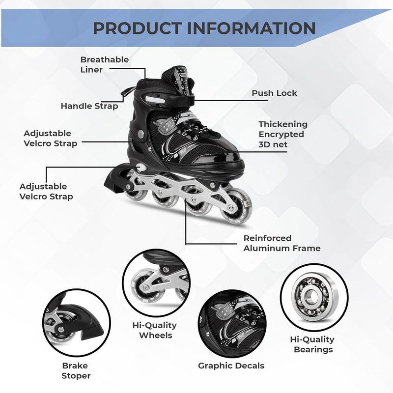 Qwick Click Adjustable Red Inline Skates with Light Up Wheels | Fun Roller Blades for Kids, Teens & Adults | Free Size with ABEC-7 Bearings | Durable, Comfortable & Stylish Roller Skating (Black) - Image 3