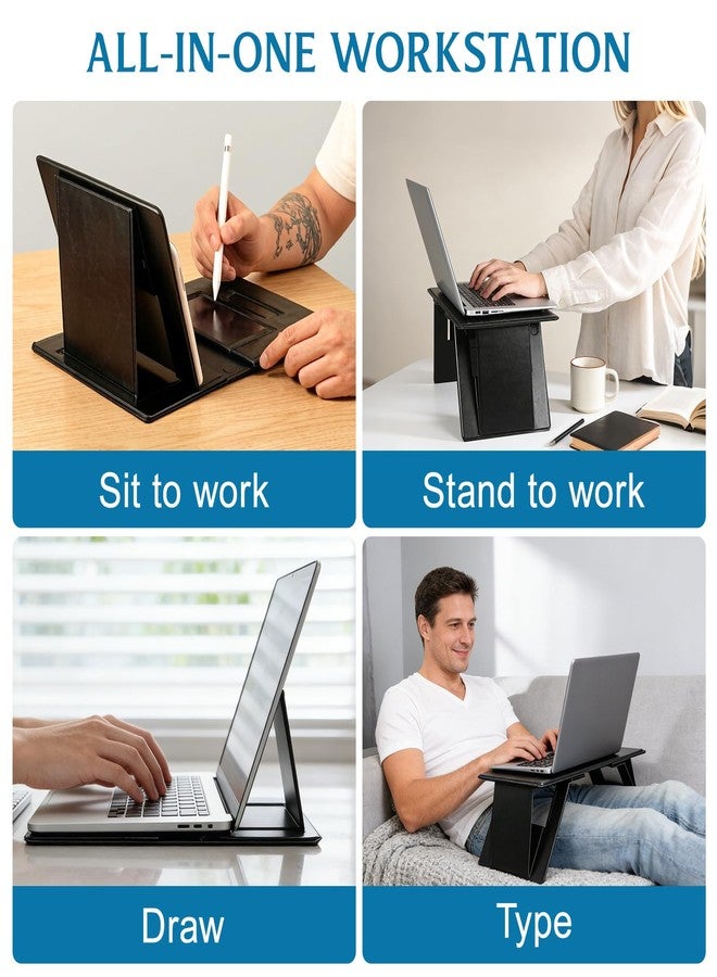 PRETYZOOM Foldable Laptop Stand & Tablet Holder for Desk, Portable Laptop Desk for Travel and Home Office, PU Leather Non-Slip Surface, 4 Adjustable Ergonomic Angles - Image 2