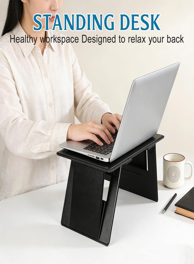 PRETYZOOM Foldable Laptop Stand & Tablet Holder for Desk, Portable Laptop Desk for Travel and Home Office, PU Leather Non-Slip Surface, 4 Adjustable Ergonomic Angles - Image 3