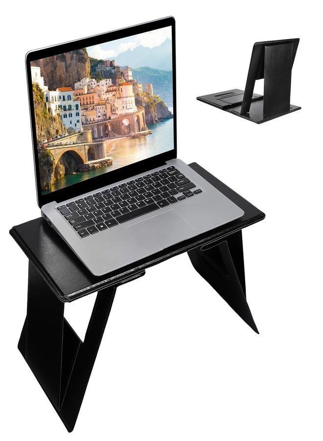 PRETYZOOM Foldable Laptop Stand & Tablet Holder for Desk, Portable Laptop Desk for Travel and Home Office, PU Leather Non-Slip Surface, 4 Adjustable Ergonomic Angles - Image 1