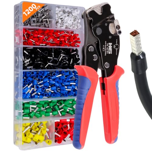 HKS Ferrule Crimping Tool Kit AWG 30-5 - Fixable Range with 1200PCS Red Copper Terimnals, Square Self-Adjusting Ratchet Crimper for End-Sleeves (16-4H with 1200PCS Kit) - Image 1