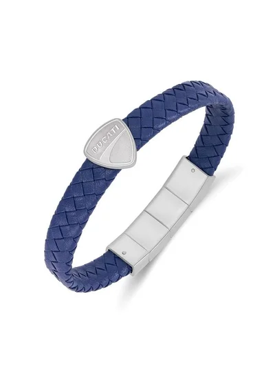 Ducati Stelvio Silver Stainless Steel Blue Braided Leather Bracelet for Men 180mm