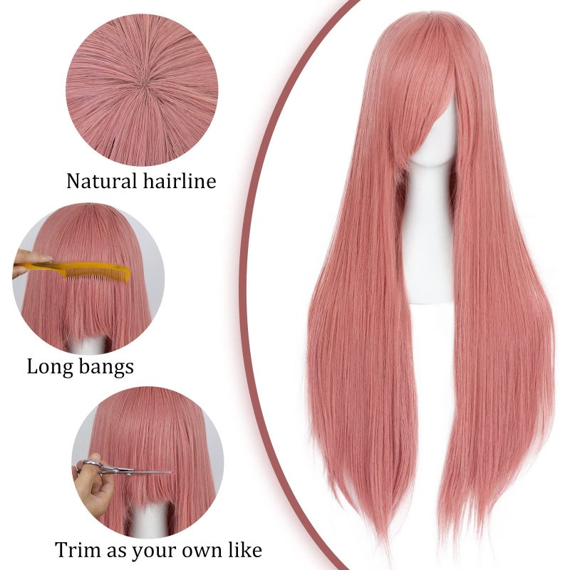 ANOGOL Hair Cap+32Inch/80cm Pink Wig Peluca Rosa For Anime Cosplay Women, Long Pink Wig Colored Wigs For Women Halloween Costumes, Synthetic Wig Straight Wig For Halloween Costumes Women Wigs Cosplay - Image 3