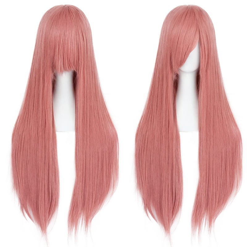 ANOGOL Hair Cap+32Inch/80cm Pink Wig Peluca Rosa For Anime Cosplay Women, Long Pink Wig Colored Wigs For Women Halloween Costumes, Synthetic Wig Straight Wig For Halloween Costumes Women Wigs Cosplay - Image 2