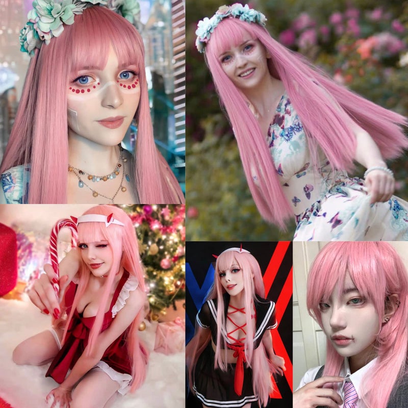 ANOGOL Hair Cap+32Inch/80cm Pink Wig Peluca Rosa For Anime Cosplay Women, Long Pink Wig Colored Wigs For Women Halloween Costumes, Synthetic Wig Straight Wig For Halloween Costumes Women Wigs Cosplay - Image 5