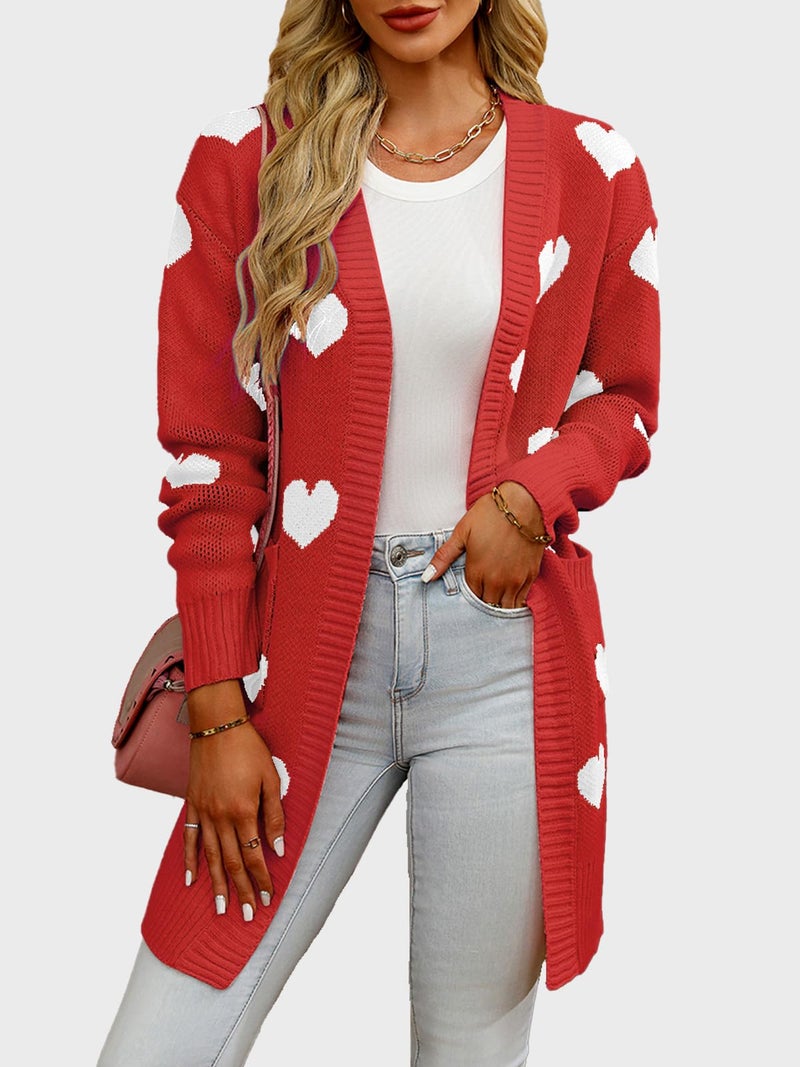 HOULENGS Women's Cute Heart Long Cardigan Sweaters V Neck Ribbed Knit Open Front Sweater Coats with Pockets Red Large - Image 3